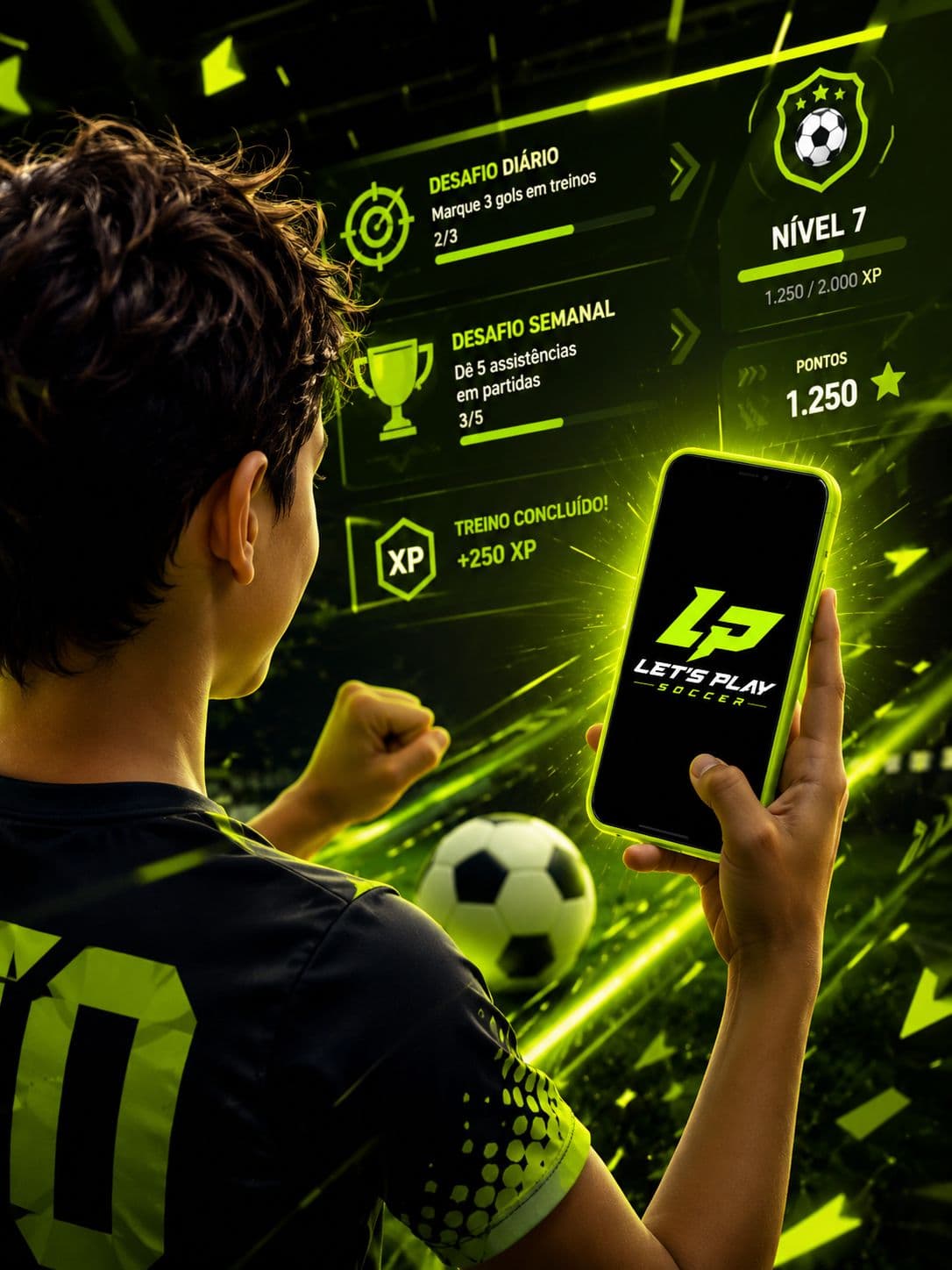 Atleta usando o app Let’s Play Soccer com o painel de desafios e nível